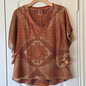 Ransom Women’s XL Boho Sheer Top Southwestern Aztec Print Rust Brown V-Neck
